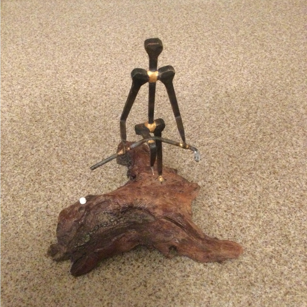 Metal Sculpture on Natural Driftwood Base - Modern Art Decor
